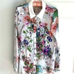 Aratta Embroidered Floral Print Button-Up Blouse with Crystal Toggle - Small